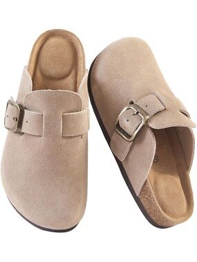 🆕 Women Taupe Suede Clogs Mules Cork Footbed Slip On Buckle Strap Sandals